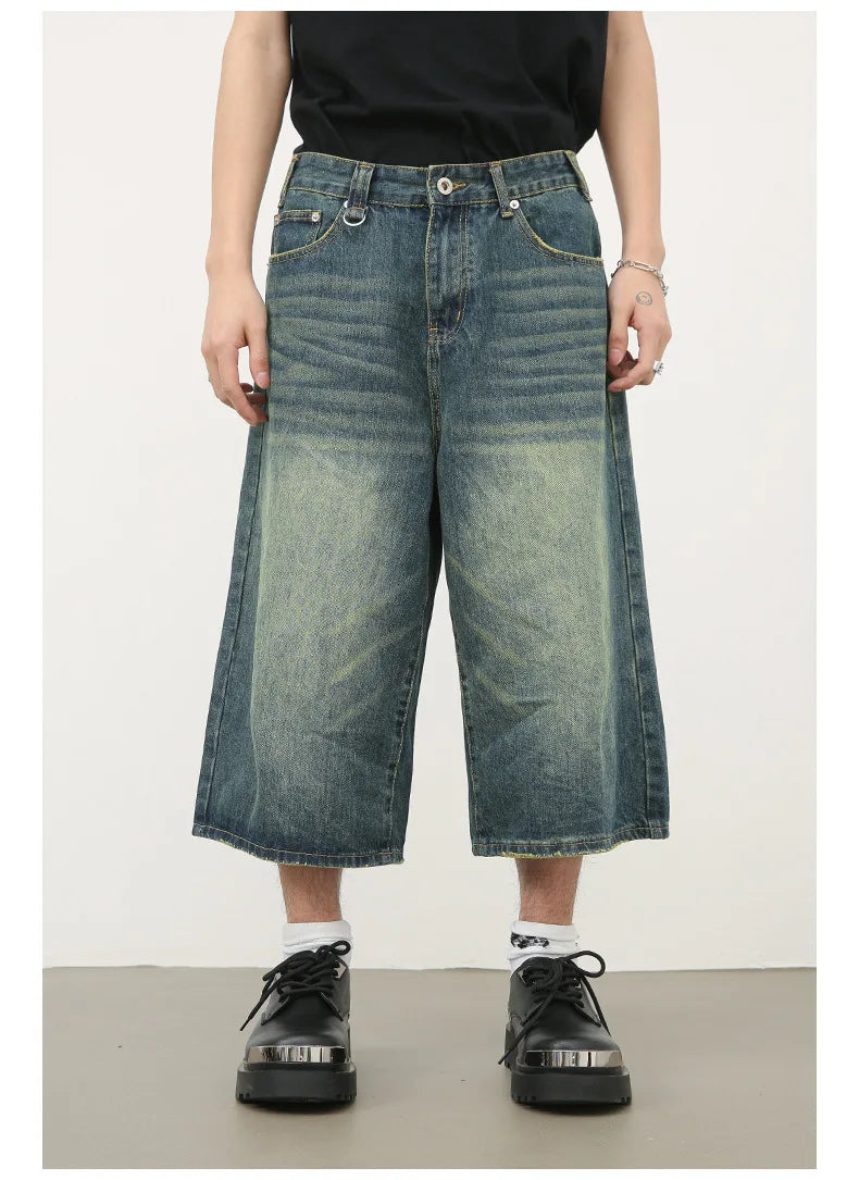 men summer streetwear fashion loose casual wide leg denim calf length jeans pants male vintage jeans baggy hosen pants unique jeans style 1502