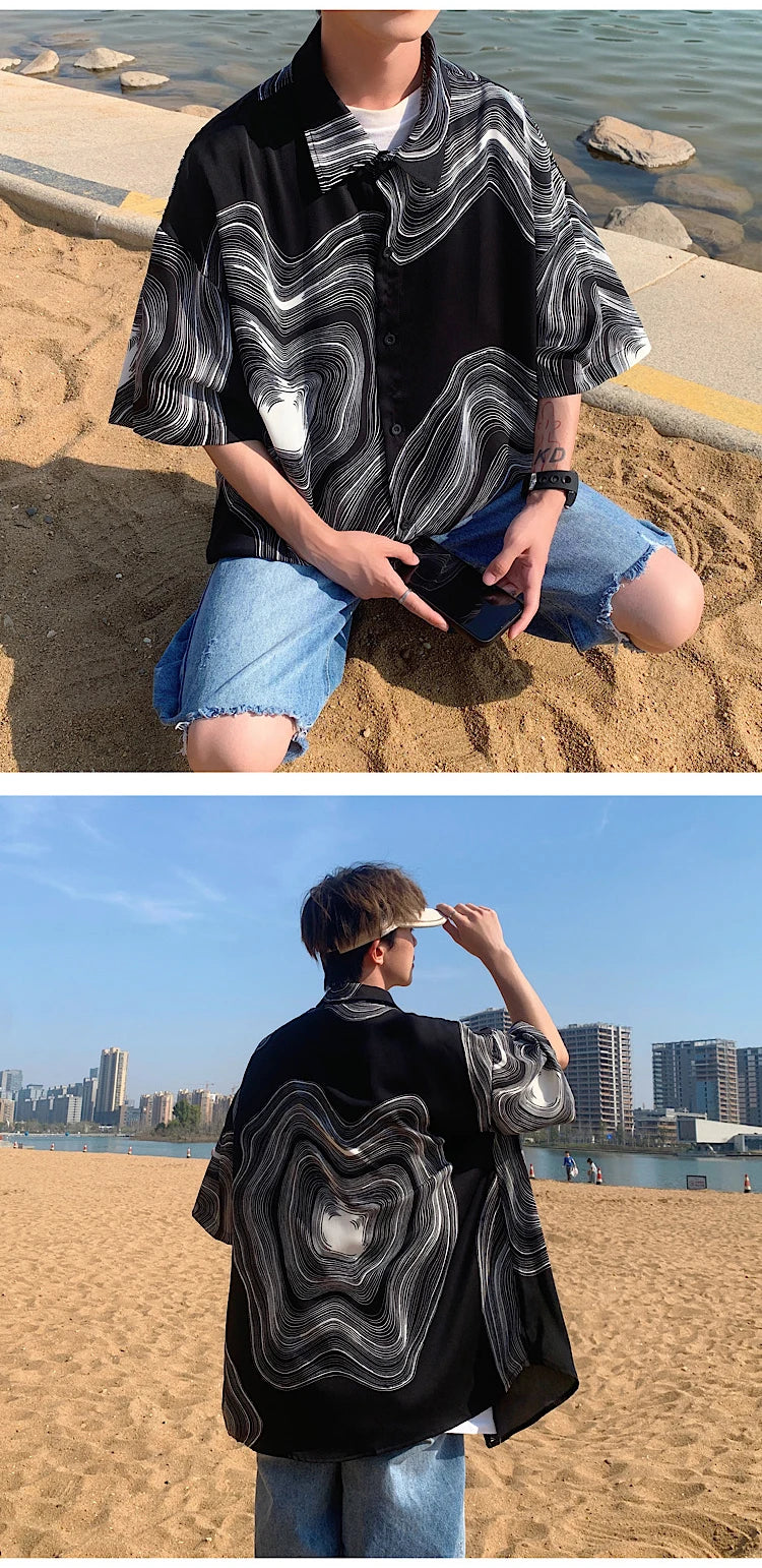 Summer Short Sleeved Shirt Men Retro Printed Shirt Men Streetwear Loose Ice Silk Shirt
