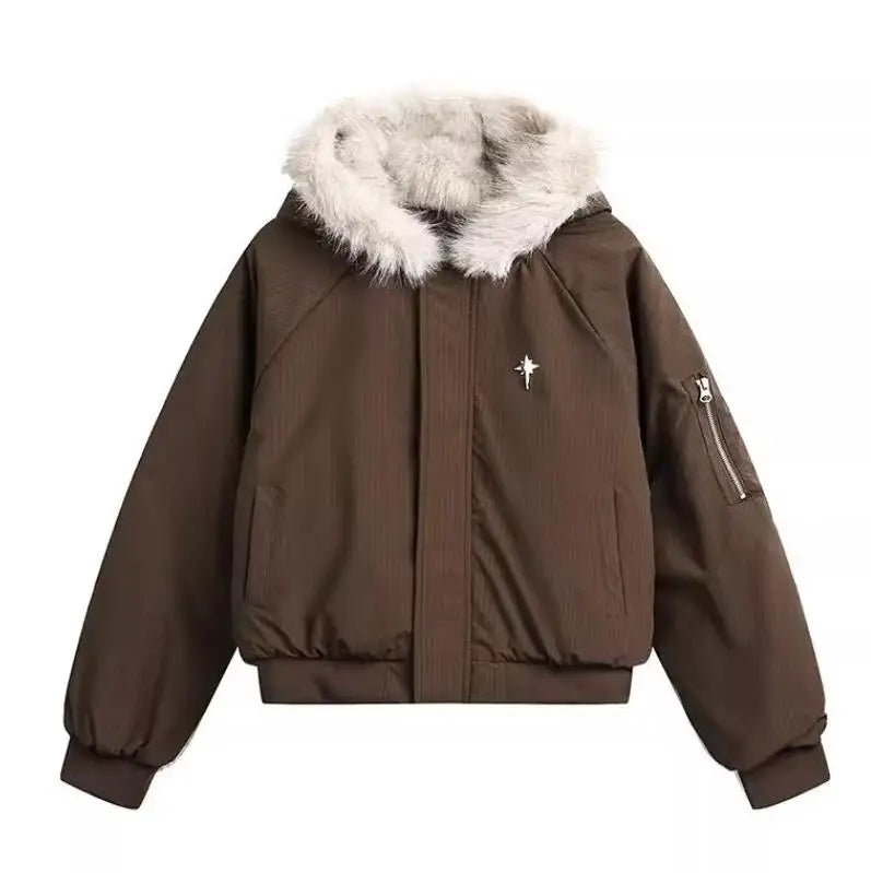 Winter American Street Hooded Parkas Mens New 2024 Thickened Trendy Fur Collar Cotton Jackets Warm Zipper Pocket Fluffy Coats
