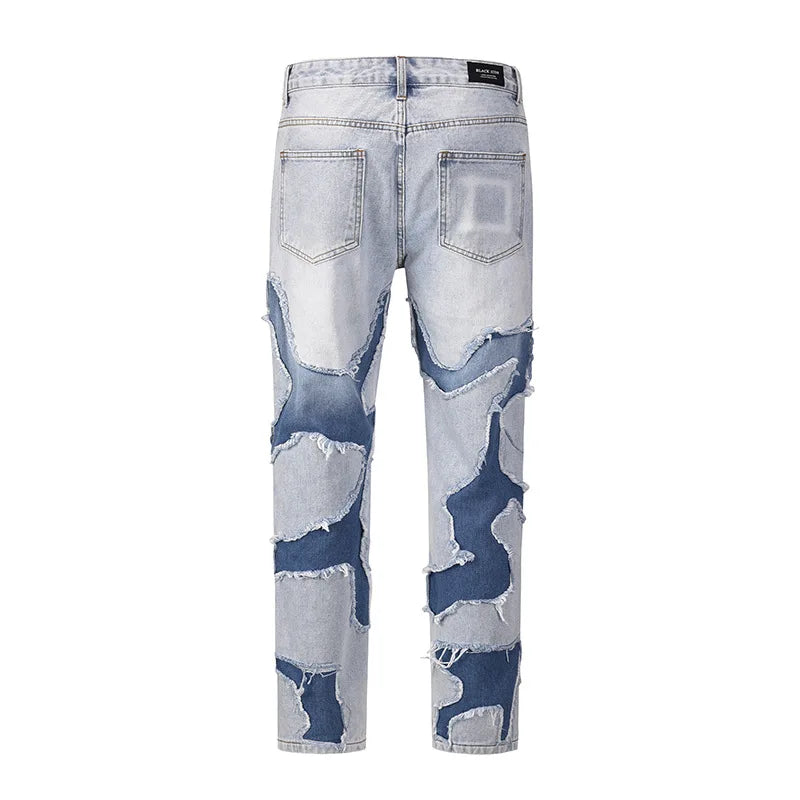 streetwear swag style blue frayed jeans pants for men retro washed ripped casual tapered denim trousers slim fit y2k jean male unique jeans style 65