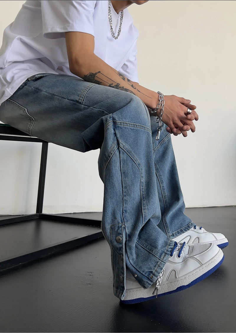 fashion straight denim jean pants unisex casual bottom button open pants high street cargo trousers hip hop zipper joggers men unique joggers style 3240