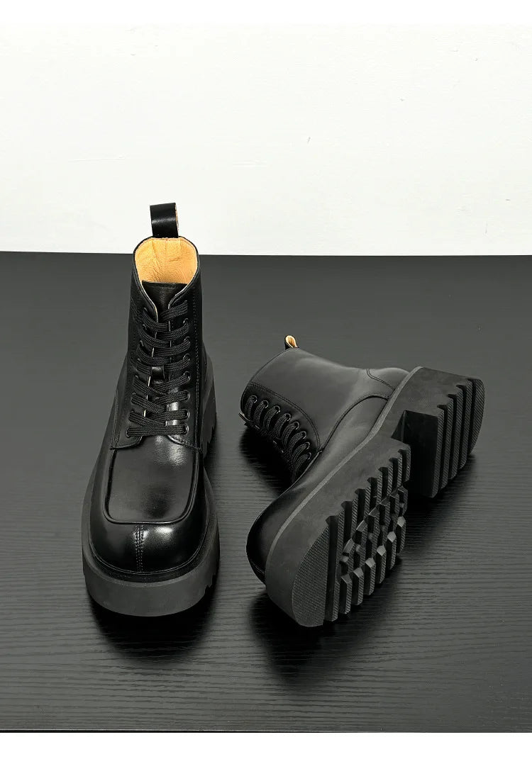 Men's Genuine Leather High Sole Platform Streetwear Fashion Casual Increase Boots Male Punk Gothic Rock Motorcycle Boots Shoes