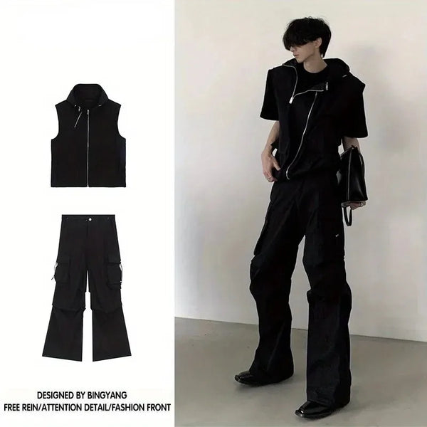 summer sleeveless set men women multi pocket hooded vest jogging cargo pant spring loose casual zipper two piece suit street utility cargo pants