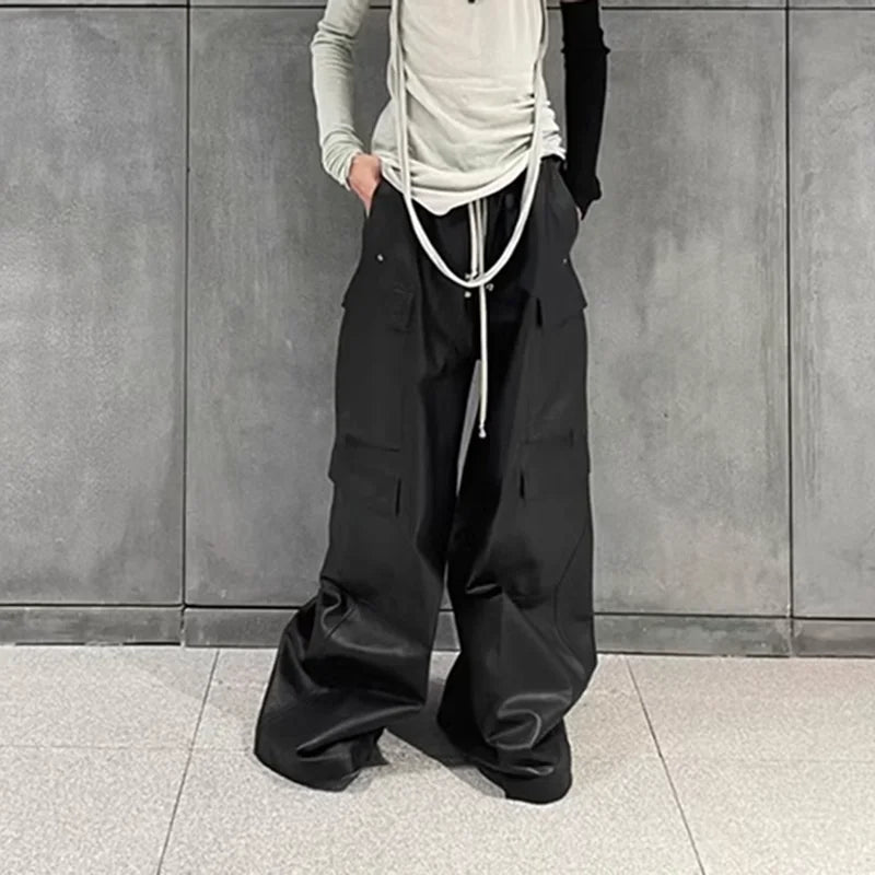 ro style matte pu leather pants for men high street y2k pantalones hombre baggy overall wide leg drawstring cargo pants multi-pocket cargos