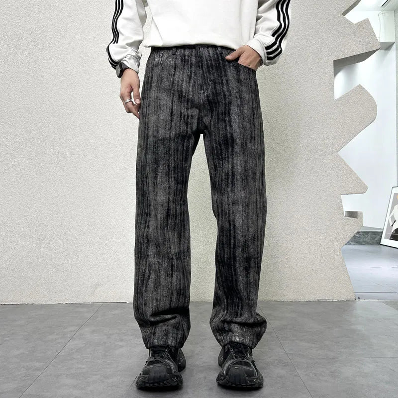 mens streetwear fashion hip hop vibe casual retro tie dyed denim pant jeans cityboy black gray straight jeans trousers unique jeans style 3053