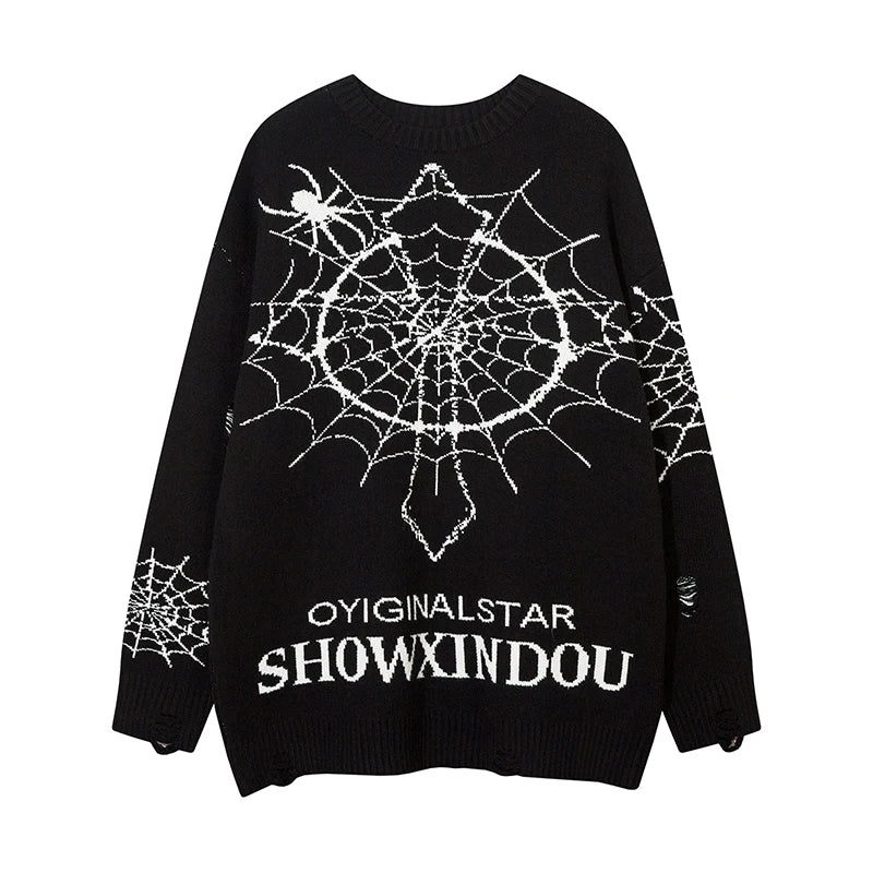 hip hop knitted sweater men winter o neck anime spider web pattern pullover streetwear casual loose sweater warm jumper knitwear 1 oversized graphic print design, Y2K vintage urban hoodie, streetwear fashion hoodie