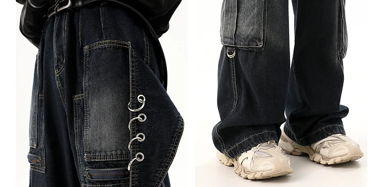 fashion punk rings streetwear loose pants unisex casual multiple pockets wide legs jean pants hip hop joggers men baggy jeans unique joggers style 1505