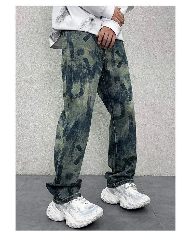 men loose casual american high street hip hop vibe printed denim baggy jeans pants man streetwear ripped jeans trousers unique jeans style 3091