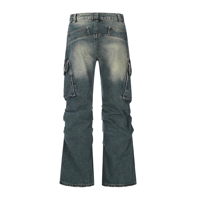 streetwear side pockets pleated washed blue jeans unisex straight baggy y2k denim pants ropa hombre casual cargo pants oversized combat utility trousers