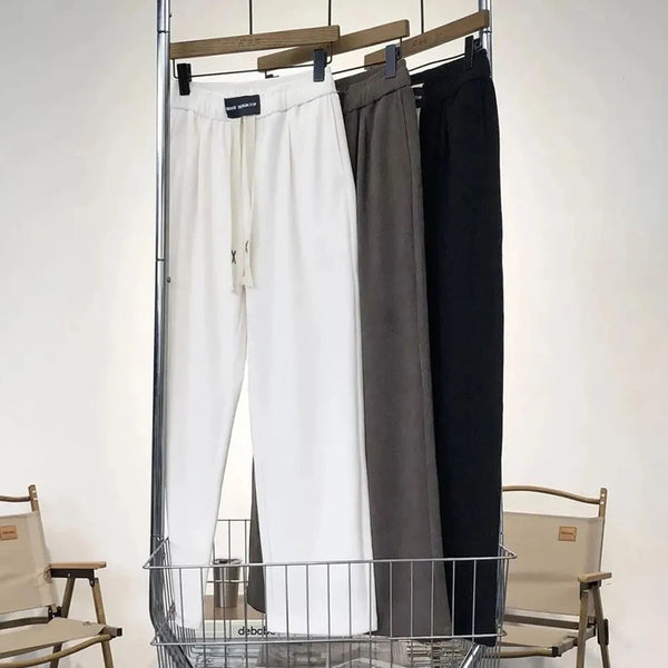 2024 spring and summer mens trousers loose casual fashionable trendy street solid color comfortable drawstring straight pants minimalist street pants
