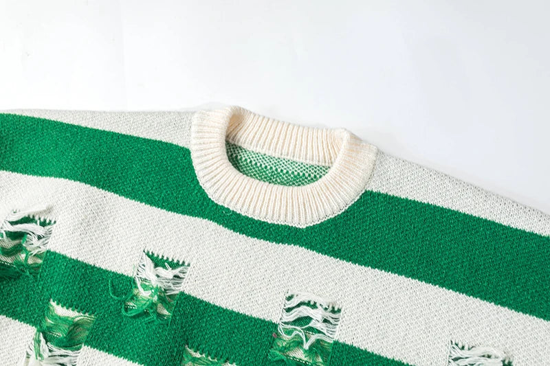 hip hop destroyed ripped holes knitted sweater mens casual striped pullover sweater unisex harajuku streetwear new autumn jumper - unisex casual winter pullover, vintage look oversized hoodie, urban fashion pullover
