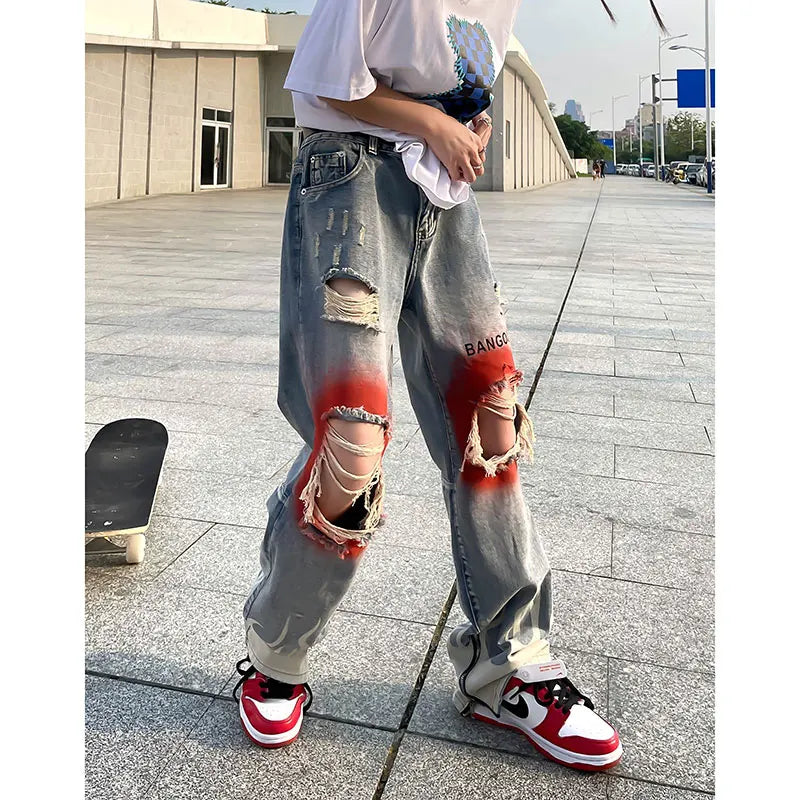 knee graffiti ripped holes denim jeans men unisex casual fire printed bottom zipper jeans streetwear hip hop jean pants joggers unique joggers style 3487