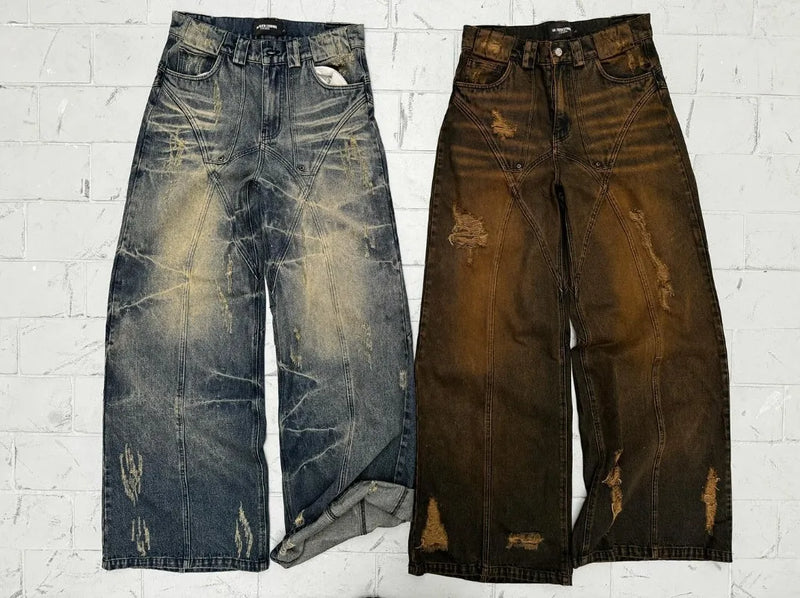 y2k jeans retro distressed high waisted baggy jeans punk hip hop men women wide leg straight denim pants slouchy streetwear ripped baggy denim
