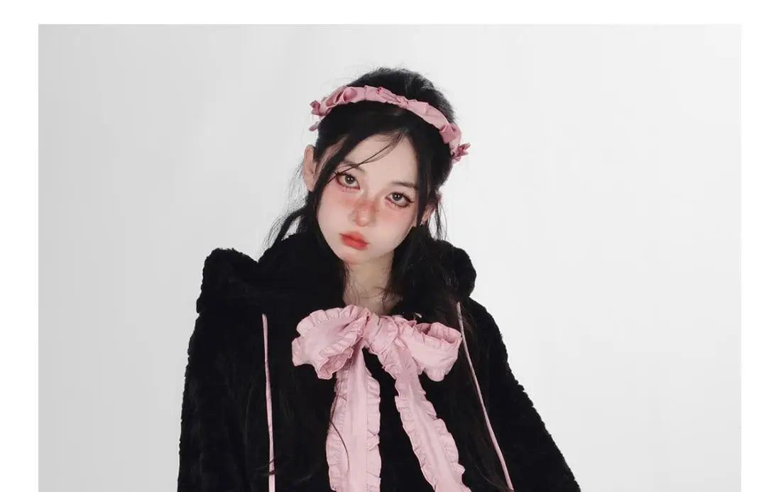 Sadcore Shirt – Harajuku Little Wildcat Hoodies Women Bodysuit Black Tie Bow – Streetwear Fashion for Men & Women
