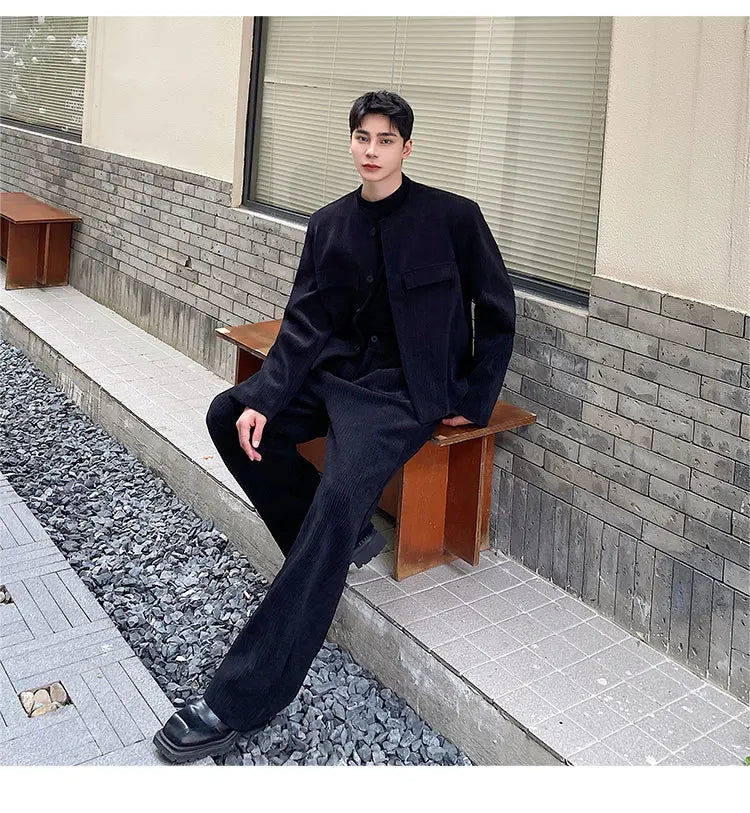 men 2 pieces sets corduroy short jacket wide leg pant suits korean streetwear fashion loose casual retro coat baggy trousers unique shorts style 2817