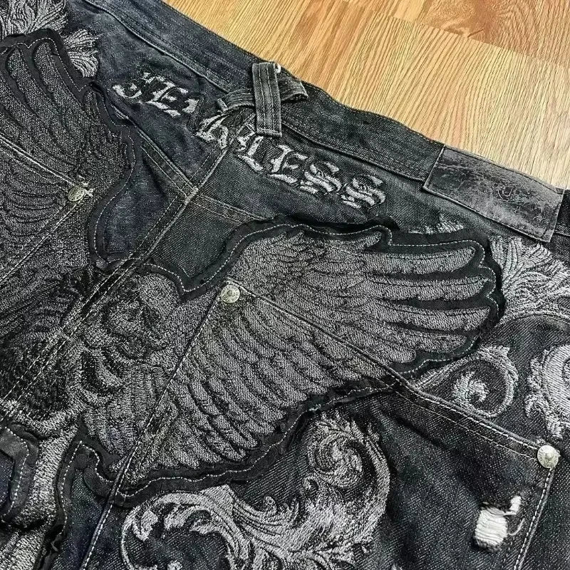 american fashion pattern embroidery loose women street y2k new hip hop punk oversized mopping wide leg pants couple casual jeans unique jeans style 3059