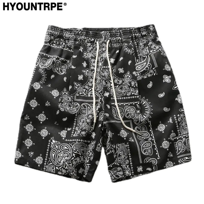 Mens Paisley Printed Shorts Hip Hop Loose Elastic Waist Sweat Shorts Casual Harajuku Drawstring Streetwear Sportswear Joggers