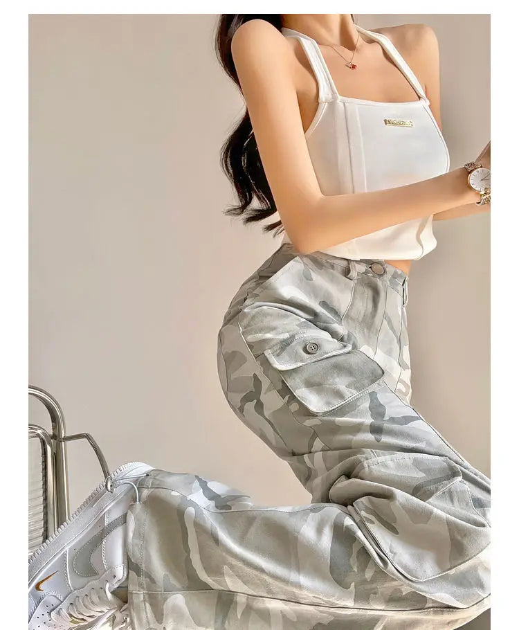 camouflage grey cargo pants women american vintage streetwear straight loose summer hiphop hot pants ins cargo pants womens 2023 unique cargo style 1162