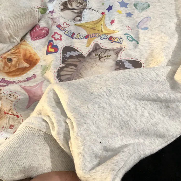 Retro Magic Cats Fun Graffiti Oversized Sweatshirt Women Girls Kawaii Clothes 2022 Autumn Winter Streetwear Long Sleeve Tops