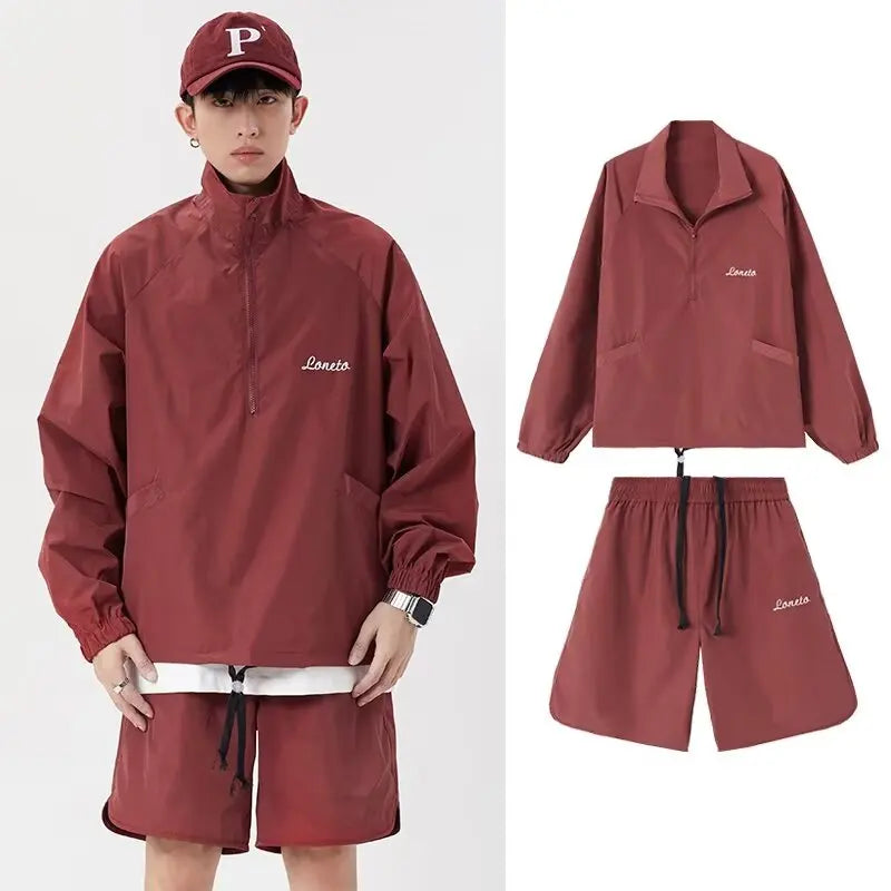 quick drying two piece set men loose casual street sweatshirt shorts y2k stand collar casual loose lightweight suits american unique shorts style 510