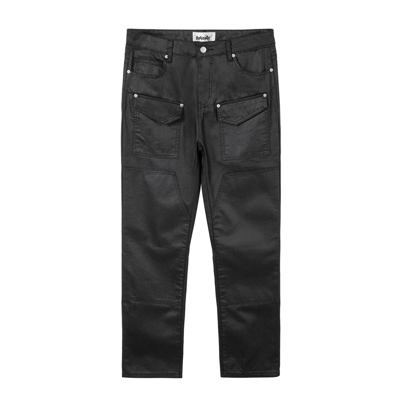streetwear kanye slim fit feet coated black jeans pants for men pocket brushed wax tapered pants man casual cargo jeans y2k unique cargo style 4544