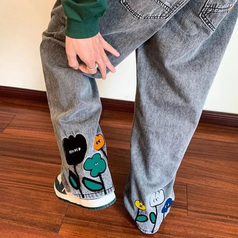new mens y2k flower printed baggy jeans 2025 streetwear american casual denim wide leg pants hombre vintage straight trousers denim street jeans