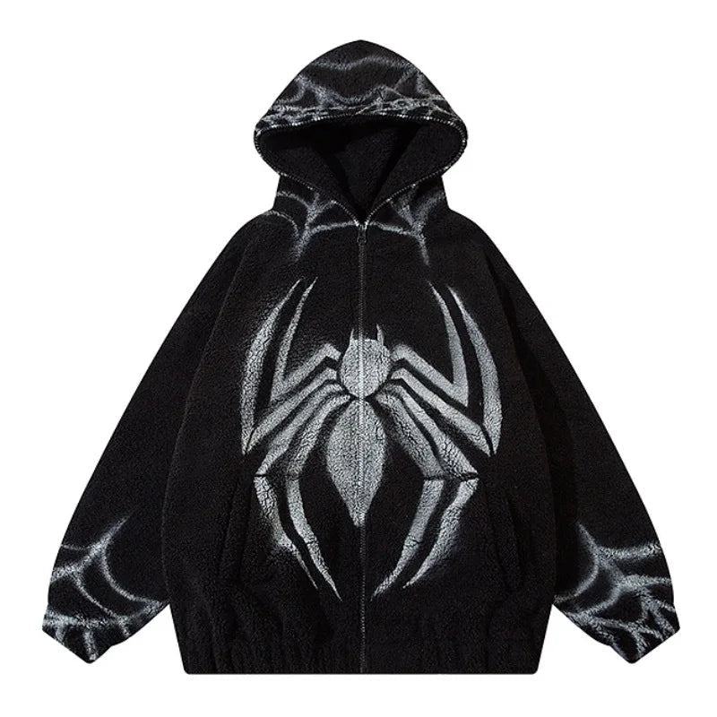 Mens Harajuku Spider Graffiti Fleece Jackets and Coats Hairy Zipper Hooded Outerwear Warm Streetwear Parkas Loose Bomber Jack - variant style 5bafe5 for streetwear fashion