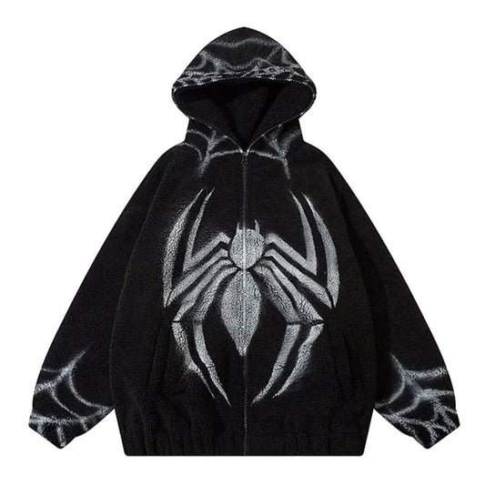 Mens Harajuku Spider Graffiti Fleece Jackets and Coats Hairy Zipper Hooded Outerwear Warm Streetwear Parkas Loose Bomber Jack - variant style 5bafe5 for streetwear fashion