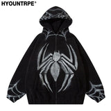 Mens Harajuku Spider Graffiti Fleece Jackets and Coats Hairy Zipper Hooded Outerwear Warm Streetwear Parkas Loose Bomber Jack - variant style 5bafe5 for streetwear fashion
