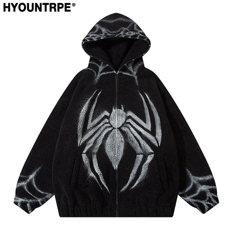Mens Harajuku Spider Graffiti Fleece Jackets and Coats Hairy Zipper Hooded Outerwear Warm Streetwear Parkas Loose Bomber Jack - variant style 5bafe5 for streetwear fashion