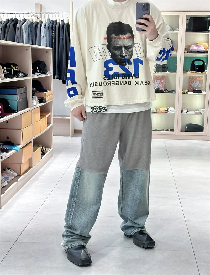 SS24 Vintage gymGnostic 123 Portrait Letter Print High-Street Casual White Loose Cotton Long Sleeve T Shirt Pullover Sweatshirt