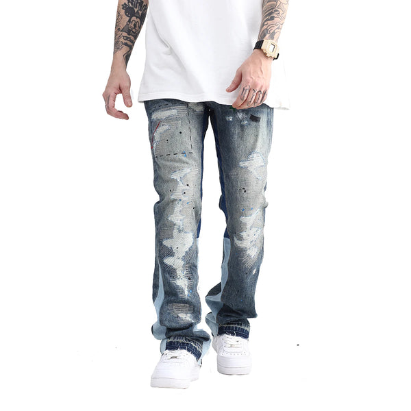 blue speckle ink washed destroyed flared jean pants hip hop graffiti ripped denim jeans for men streetwear vintage wide jeans stacked flare jeans