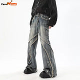 high street jeans mens spring autumn rough edge splicing design trendy denim pants multiple pockets punk cowboy flared trousers urban skinny jeans