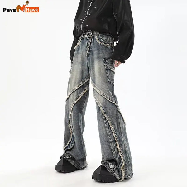 high street jeans mens spring autumn rough edge splicing design trendy denim pants multiple pockets punk cowboy flared trousers urban skinny jeans