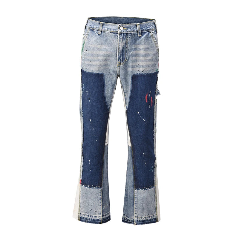 high street washed color match frayed micro flared jeans mens straight spliced retro loose casual denim pants hip hop trousers unique jeans style 11