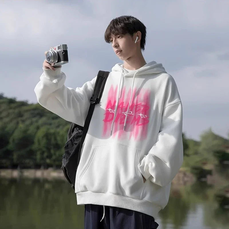 2024 New Graffiti Letter Print Hooded Fleece Sweatshirt For Men Loose