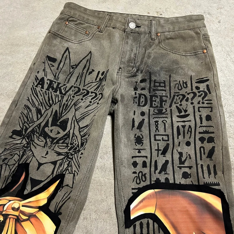 harajuku y2k baggy jeans the winged dragon of ra print wide leg denim pants popular anime jeans streetwear trouser men clothing ripped baggy denim