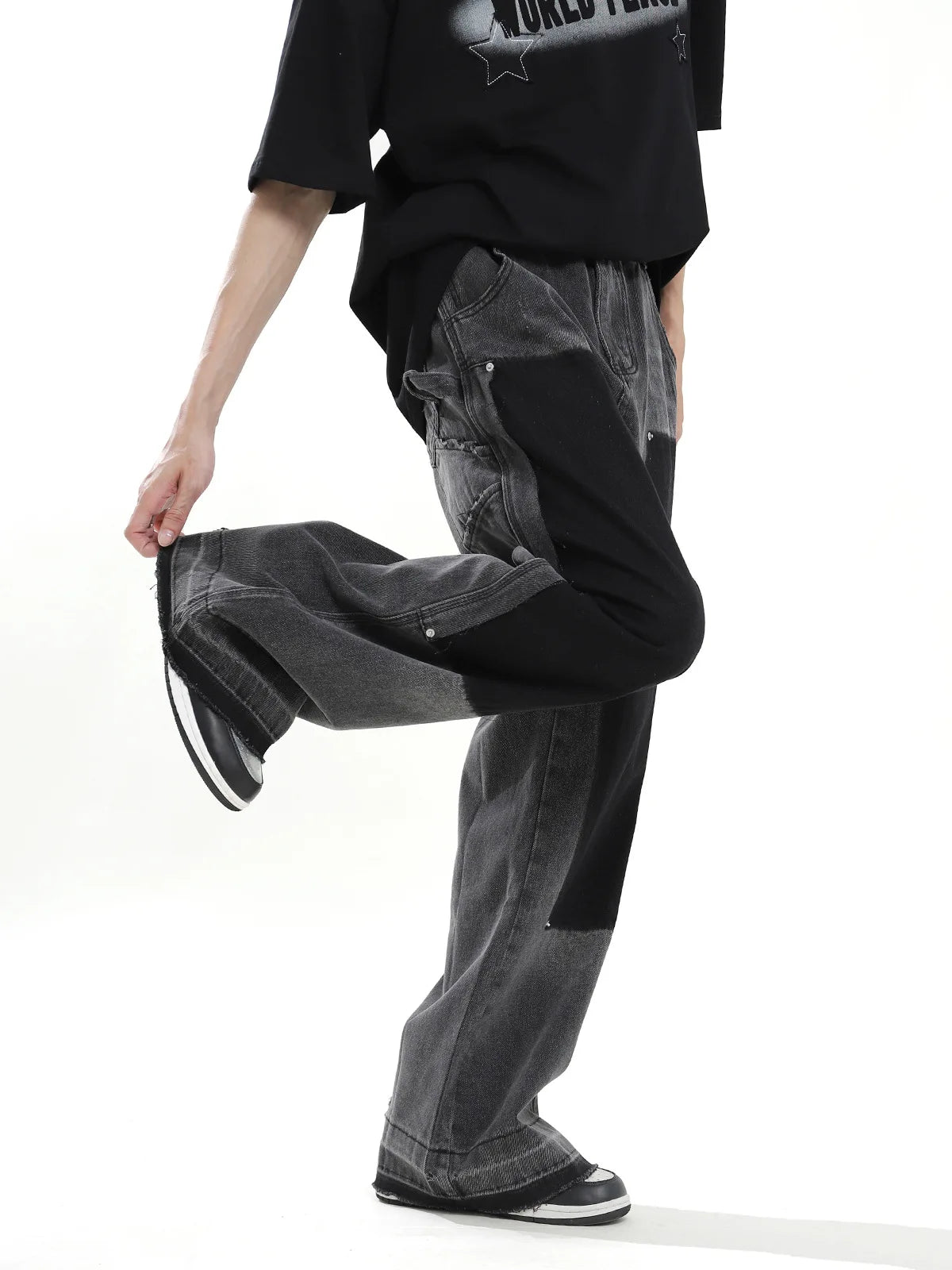 hip hop graffiti black wide leg jeans mens vintage distressed patches ink splashed jeans y2k logging cargo denim trousers women unique cargo style 4502
