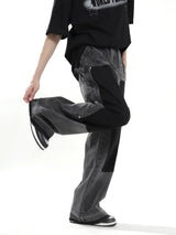 hip hop graffiti black wide leg jeans mens vintage distressed patches ink splashed jeans y2k logging cargo denim trousers women unique cargo style 4502