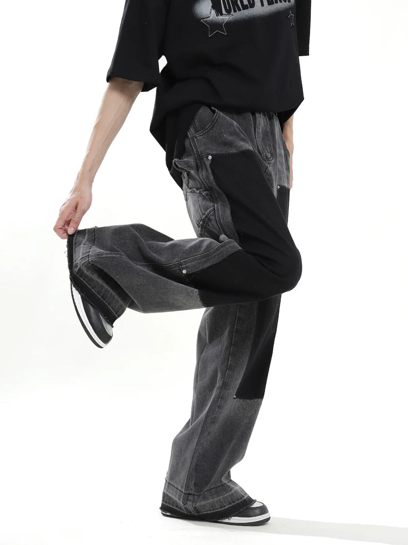 hip hop graffiti black wide leg jeans mens vintage distressed patches ink splashed jeans y2k logging cargo denim trousers women unique cargo style 4502