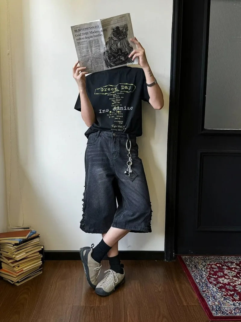 mens hip hop washed denim shorts broken hole folds burr edge street punk cowboy middle pants pockets bomber quarter pants y2k unique jeans style 4921