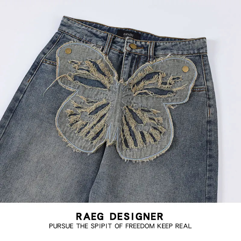 butterfly patches embroidered washed straight vintage baggy fitting jeans for men high street distressed jeans pants women unique jeans style 4477