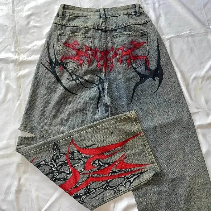 street popular gothic print spot jeans men y2k new harajuku casual loose straight wide leg pants couple joker punk denim trouser urban skinny jeans