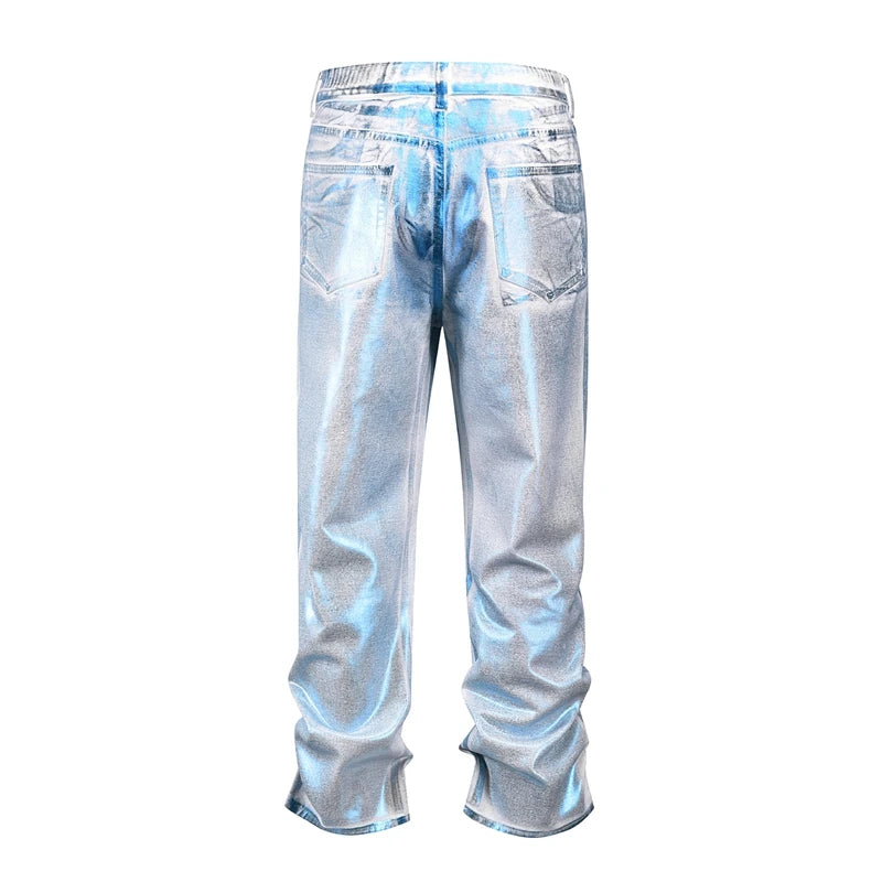 european and american retro blue reflective wax printing jeans pants slim splashing ink cleanfit couple straight leg jeans male unique jeans style 1113