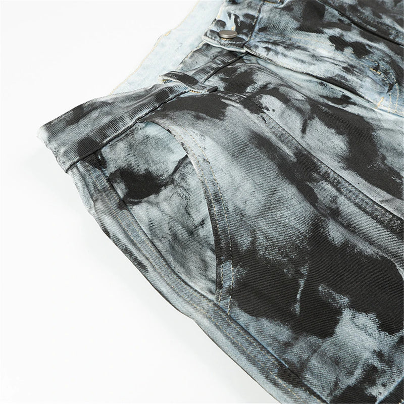 vintage dirty tie dye baggy jeans men multi pocket loose white straight jeans trousers luxury designer oversized denim pant unique jeans style 2938