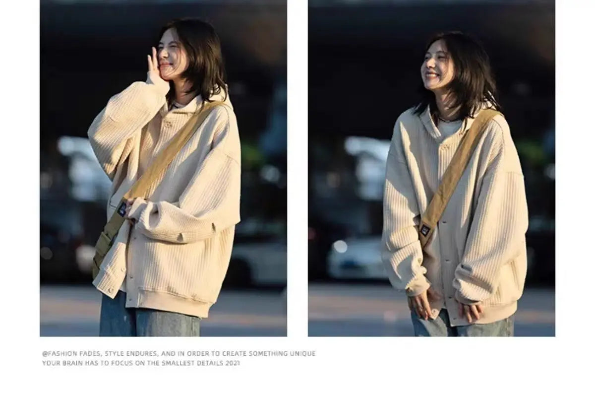 Korean Retro Y2K Waffle Hooded Jacket for Men and Women Ins Harajuku Style Casual Loose
