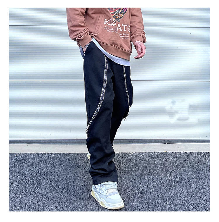 high street black white straight zipper becomes slightly flared denim jeans harajuku casual hip hop cashew flower jeans for men unique jeans style 4421