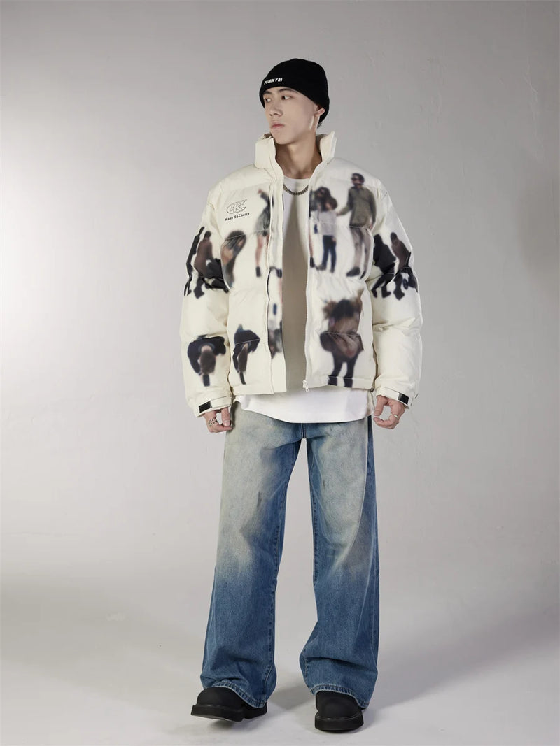 Hip Hop Jacket Parka Human Graffiti Print Men Winter Windbreaker Streetwear Harajuku Padded Jacket Coat Warm Outwear Hipster New