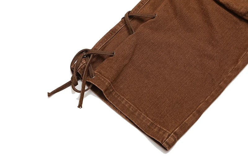 2023 cool design bandage pockets vintage brown baggy men cargo jeans pants y2k hip hop women cotton long trousers pantaloni uomo unique cargo style 1867