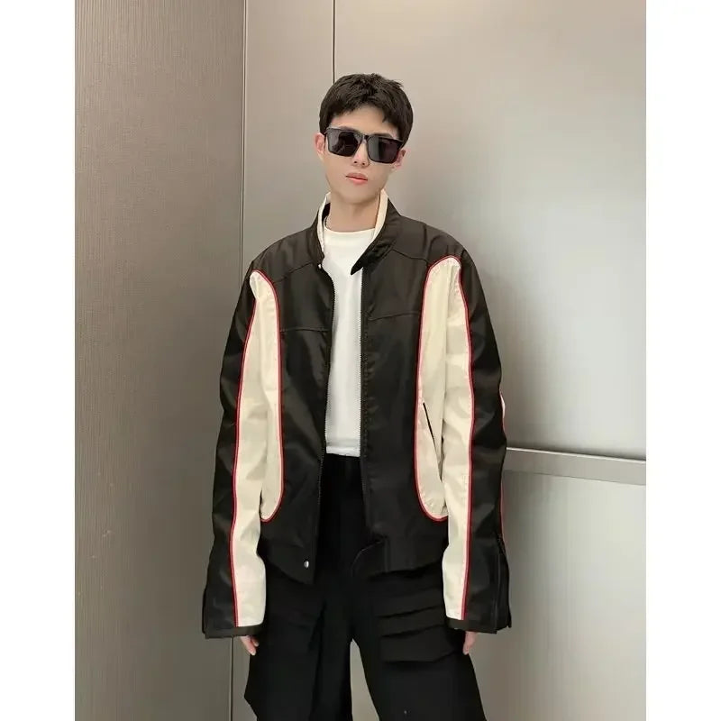 panel varsity outerwear, 2025 trend, for men, fall streetwear outfit, oversized style, layered fashion, modern aesthetic, graphic detail